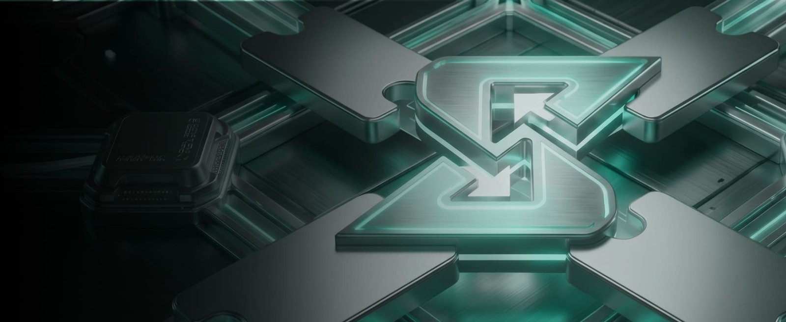 Abstract Solitaire Prime partnership emblem rendered with glowing teal light